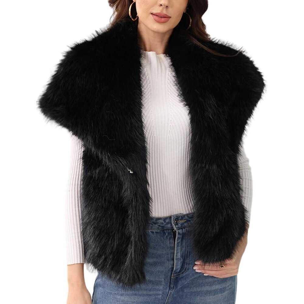 Women's Black Faux Fur Vest Lapel Collar Sleeveless Furry Jacket Shaggy Warm
